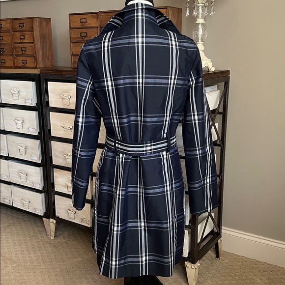 Madison Navy White Plaid Trench Coat Jacket Pink Lining - Picture 2 of 8